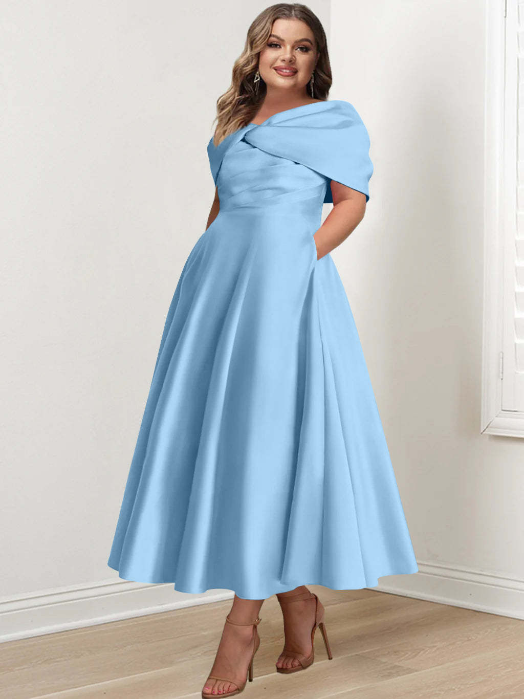 Plus Size Off-The-Shoulder A-Line Princess Ankle-Length Mother Of The Bride Dress With Ruffles & Bowknot-BMbridal.UK