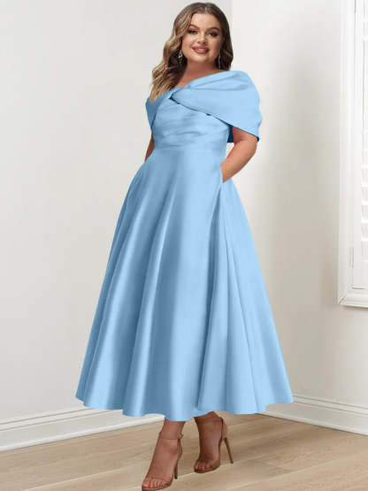 Plus Size Off-The-Shoulder A-Line Princess Ankle-Length Mother Of The Bride Dress With Ruffles & Bowknot-BMbridal.UK