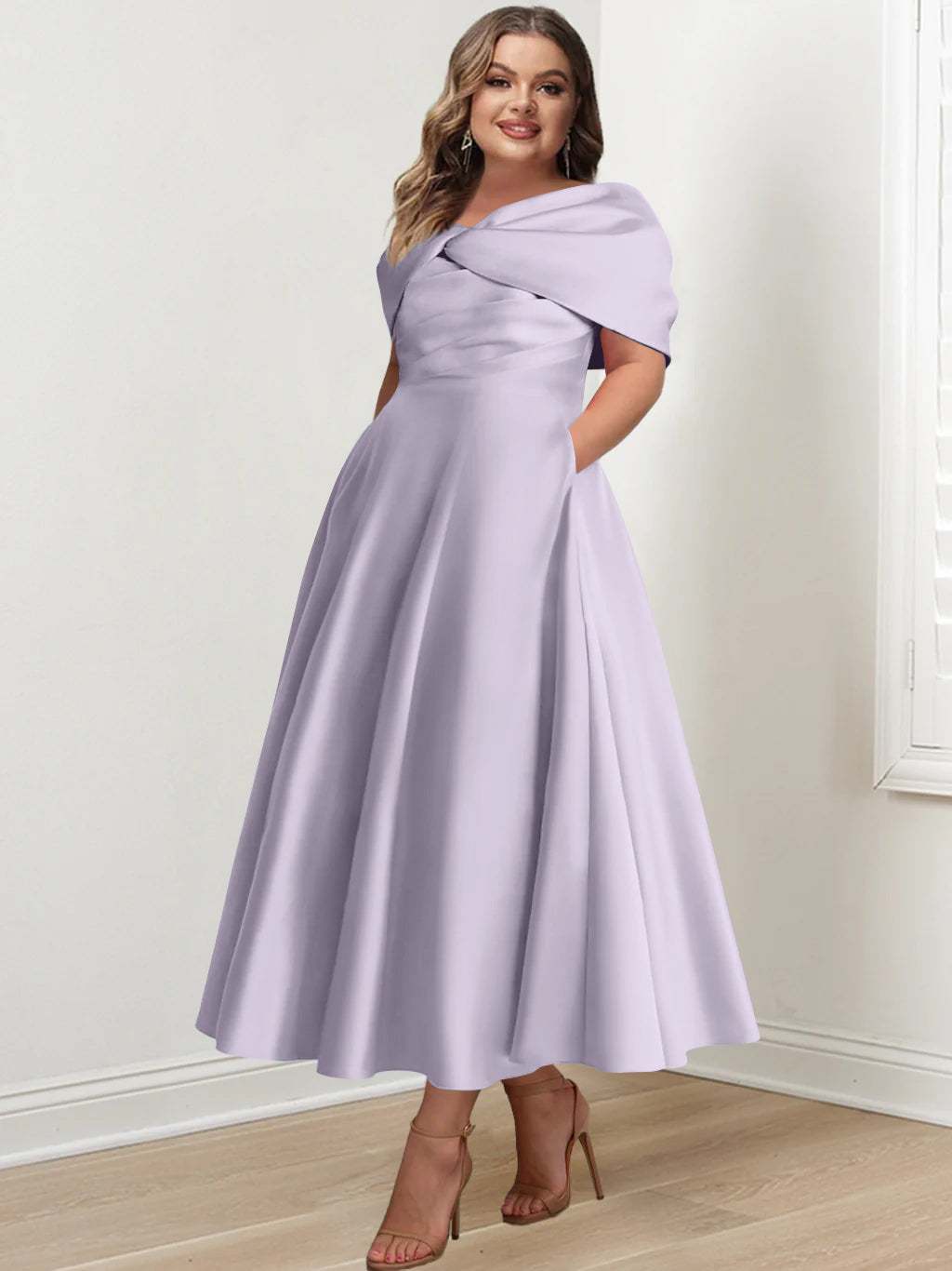 Plus Size Off-The-Shoulder A-Line Princess Ankle-Length Mother Of The Bride Dress With Ruffles & Bowknot-BMbridal.UK