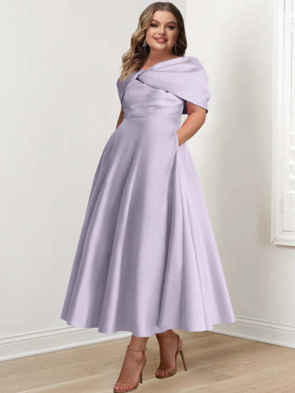 Plus Size Off-The-Shoulder A-Line Princess Ankle-Length Mother Of The Bride Dress With Ruffles & Bowknot-BMbridal.UK