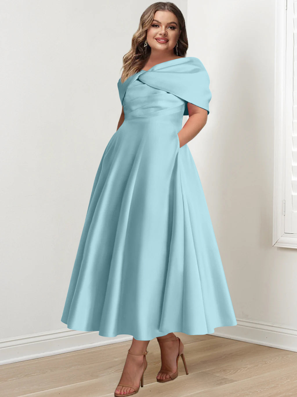 Plus Size Off-The-Shoulder A-Line Princess Ankle-Length Mother Of The Bride Dress With Ruffles & Bowknot-BMbridal.UK