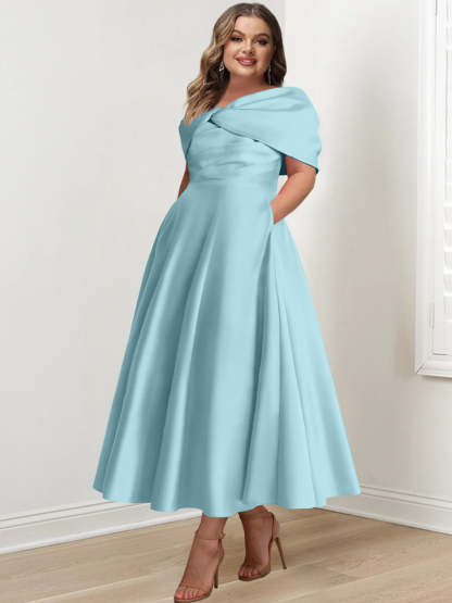 Plus Size Off-The-Shoulder A-Line Princess Ankle-Length Mother Of The Bride Dress With Ruffles & Bowknot-BMbridal.UK