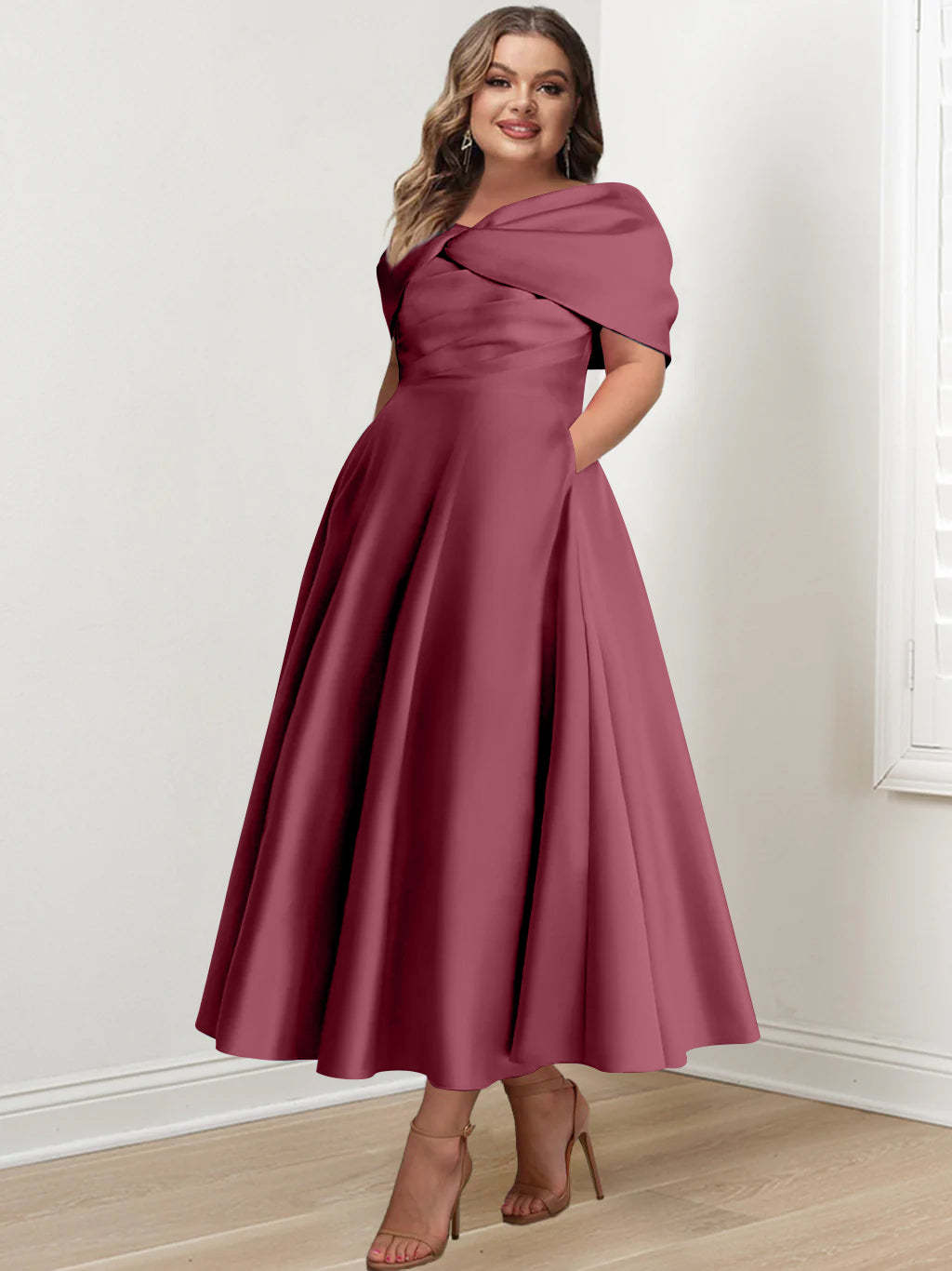 Plus Size Off-The-Shoulder A-Line Princess Ankle-Length Mother Of The Bride Dress With Ruffles & Bowknot-BMbridal.UK