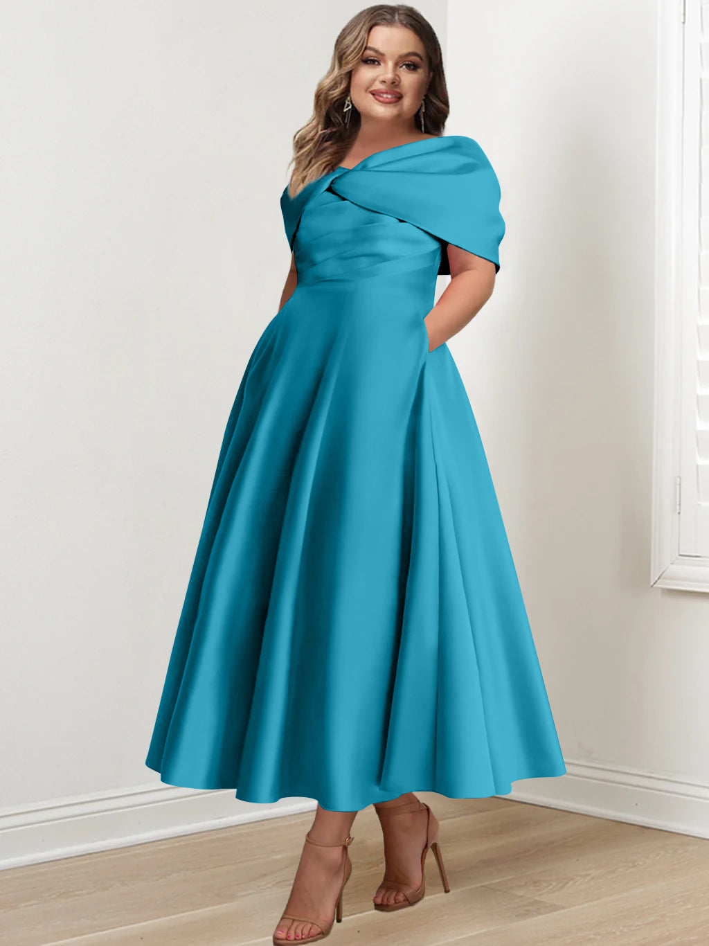 Plus Size Off-The-Shoulder A-Line Princess Ankle-Length Mother Of The Bride Dress With Ruffles & Bowknot-BMbridal.UK
