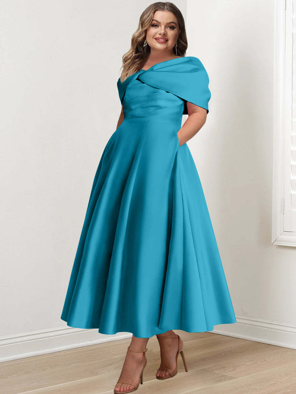 Plus Size Off-The-Shoulder A-Line Princess Ankle-Length Mother Of The Bride Dress With Ruffles & Bowknot-BMbridal.UK