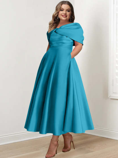 Plus Size Off-The-Shoulder A-Line Princess Ankle-Length Mother Of The Bride Dress With Ruffles & Bowknot-BMbridal.UK