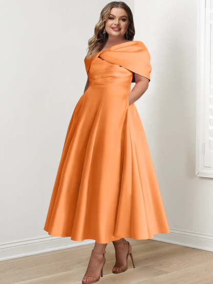 Plus Size Off-The-Shoulder A-Line Princess Ankle-Length Mother Of The Bride Dress With Ruffles & Bowknot-BMbridal.UK
