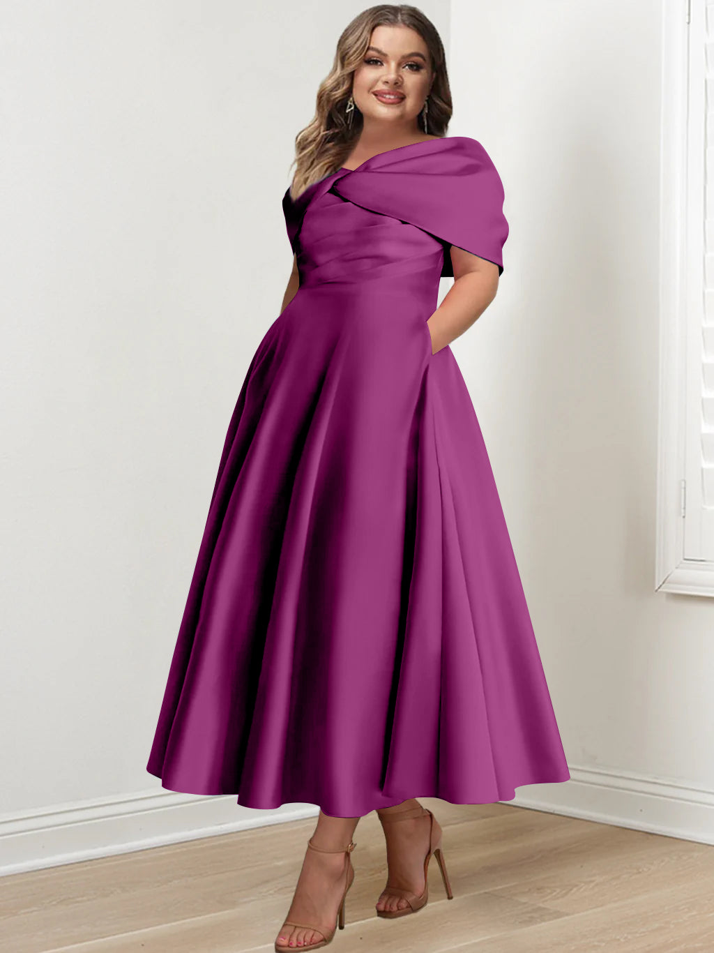 Plus Size Off-The-Shoulder A-Line Princess Ankle-Length Mother Of The Bride Dress With Ruffles & Bowknot-BMbridal.UK