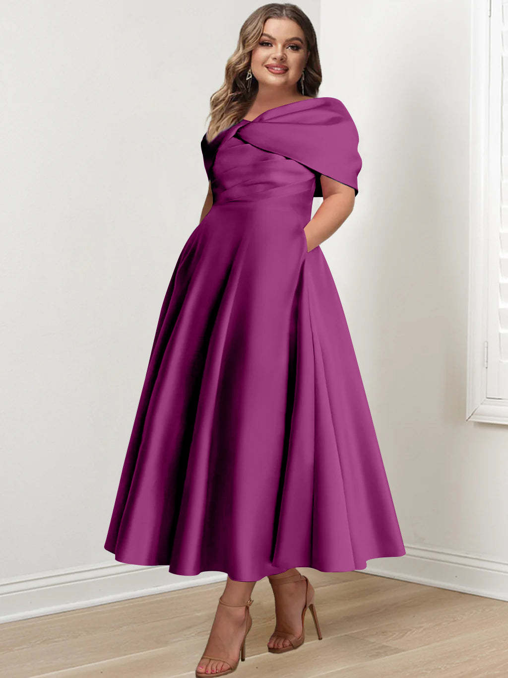 Plus Size Off-The-Shoulder A-Line Princess Ankle-Length Mother Of The Bride Dress With Ruffles & Bowknot-BMbridal.UK