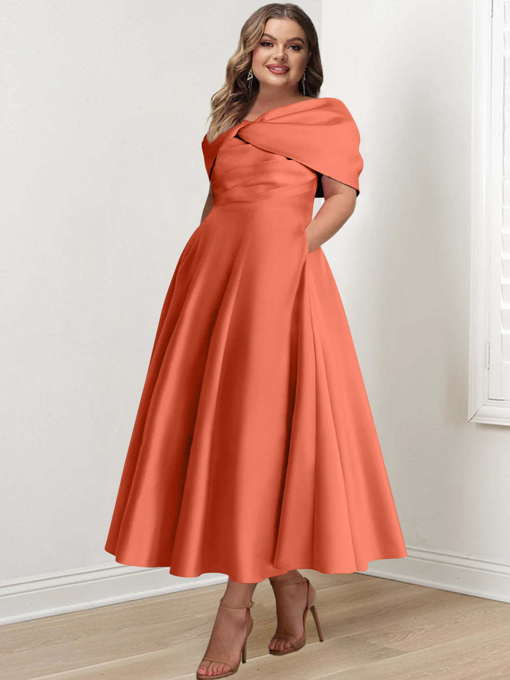 Plus Size Off-The-Shoulder A-Line Princess Ankle-Length Mother Of The Bride Dress With Ruffles & Bowknot-BMbridal.UK