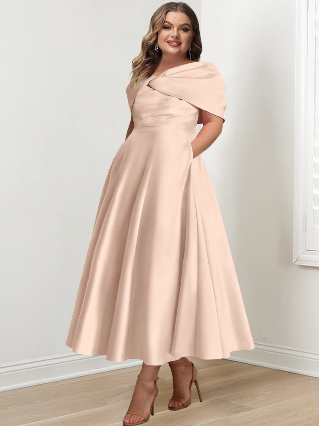 Plus Size Off-The-Shoulder A-Line Princess Ankle-Length Mother Of The Bride Dress With Ruffles & Bowknot-BMbridal.UK