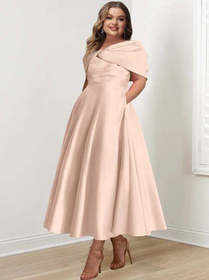 Plus Size Off-The-Shoulder A-Line Princess Ankle-Length Mother Of The Bride Dress With Ruffles & Bowknot-BMbridal.UK