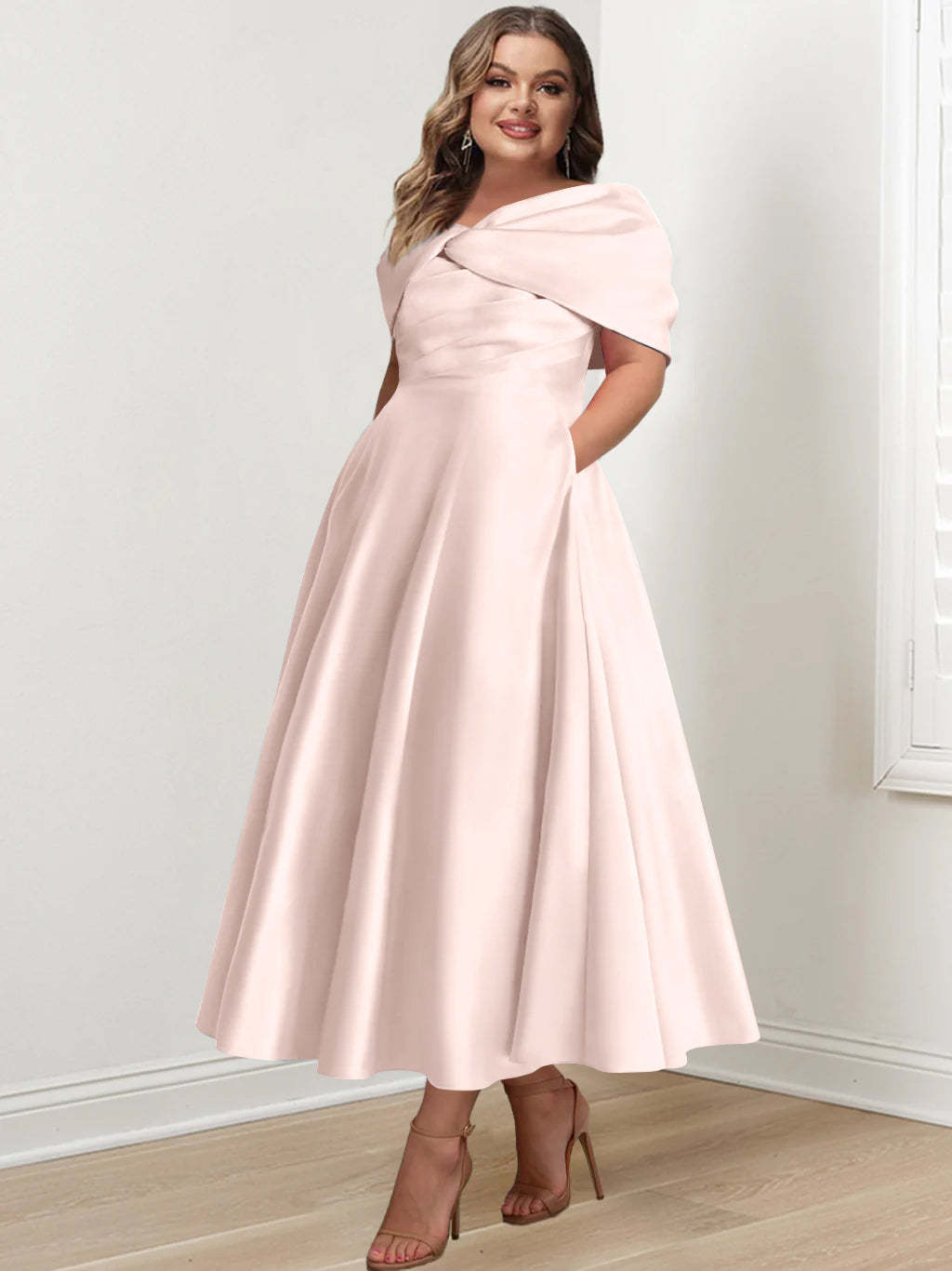 Plus Size Off-The-Shoulder A-Line Princess Ankle-Length Mother Of The Bride Dress With Ruffles & Bowknot-BMbridal.UK