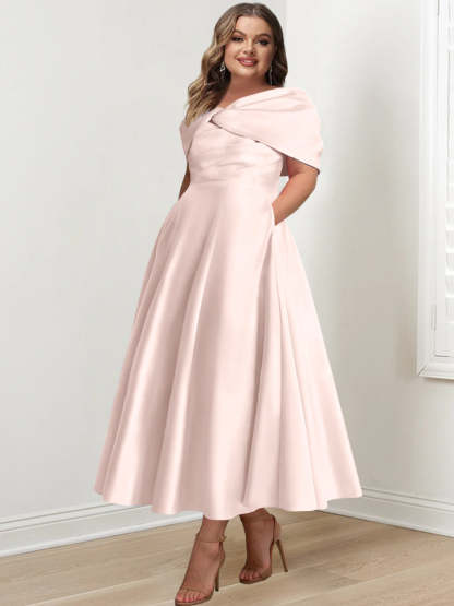 Plus Size Off-The-Shoulder A-Line Princess Ankle-Length Mother Of The Bride Dress With Ruffles & Bowknot-BMbridal.UK