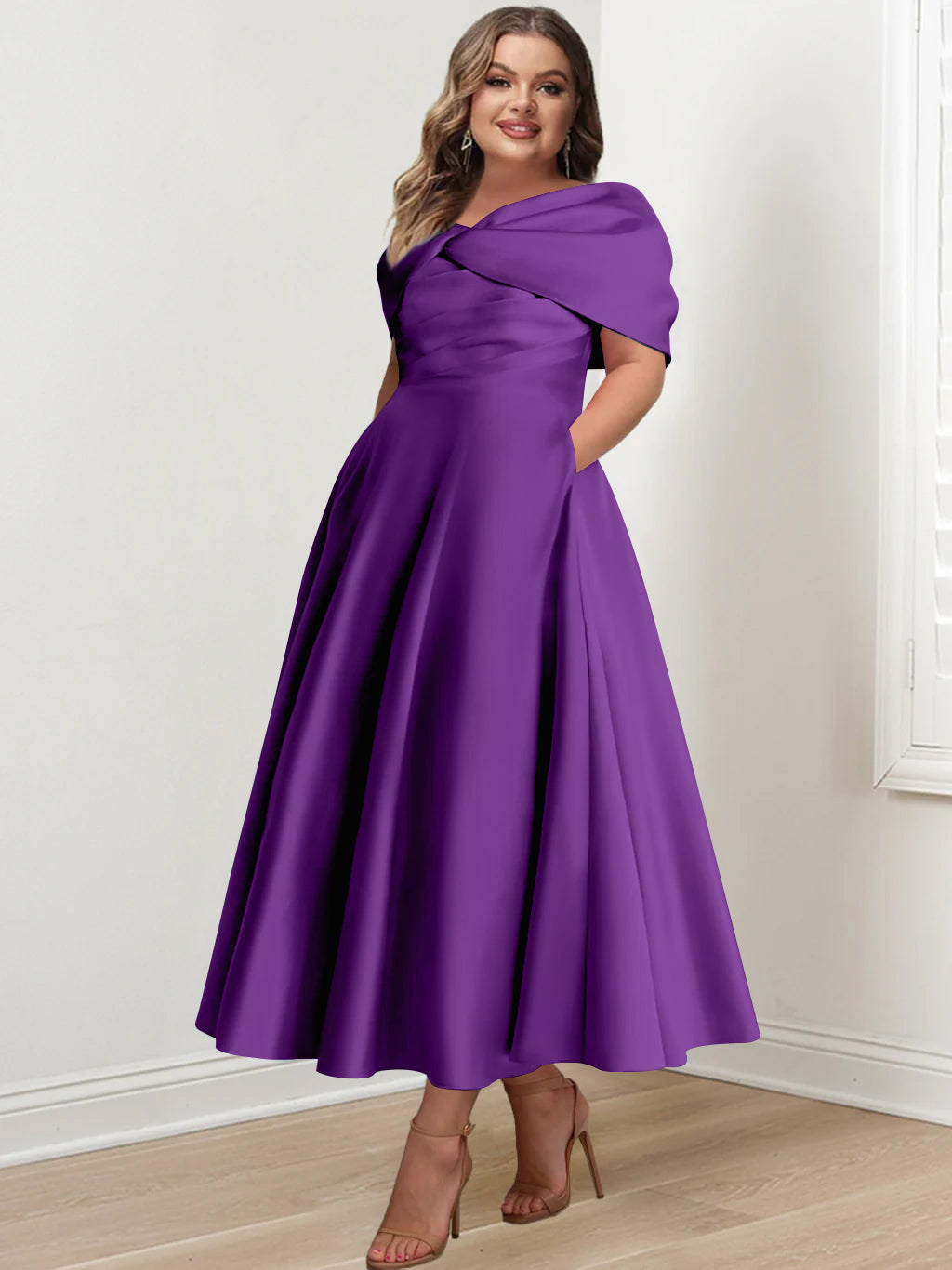 Plus Size Off-The-Shoulder A-Line Princess Ankle-Length Mother Of The Bride Dress With Ruffles & Bowknot-BMbridal.UK