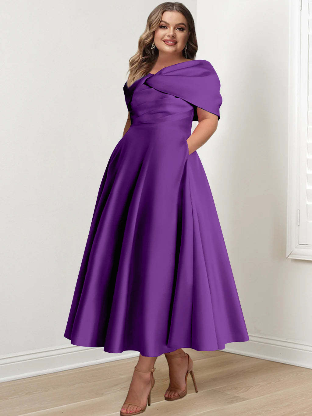 Plus Size Off-The-Shoulder A-Line Princess Ankle-Length Mother Of The Bride Dress With Ruffles & Bowknot-BMbridal.UK