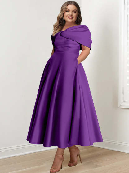 Plus Size Off-The-Shoulder A-Line Princess Ankle-Length Mother Of The Bride Dress With Ruffles & Bowknot-BMbridal.UK