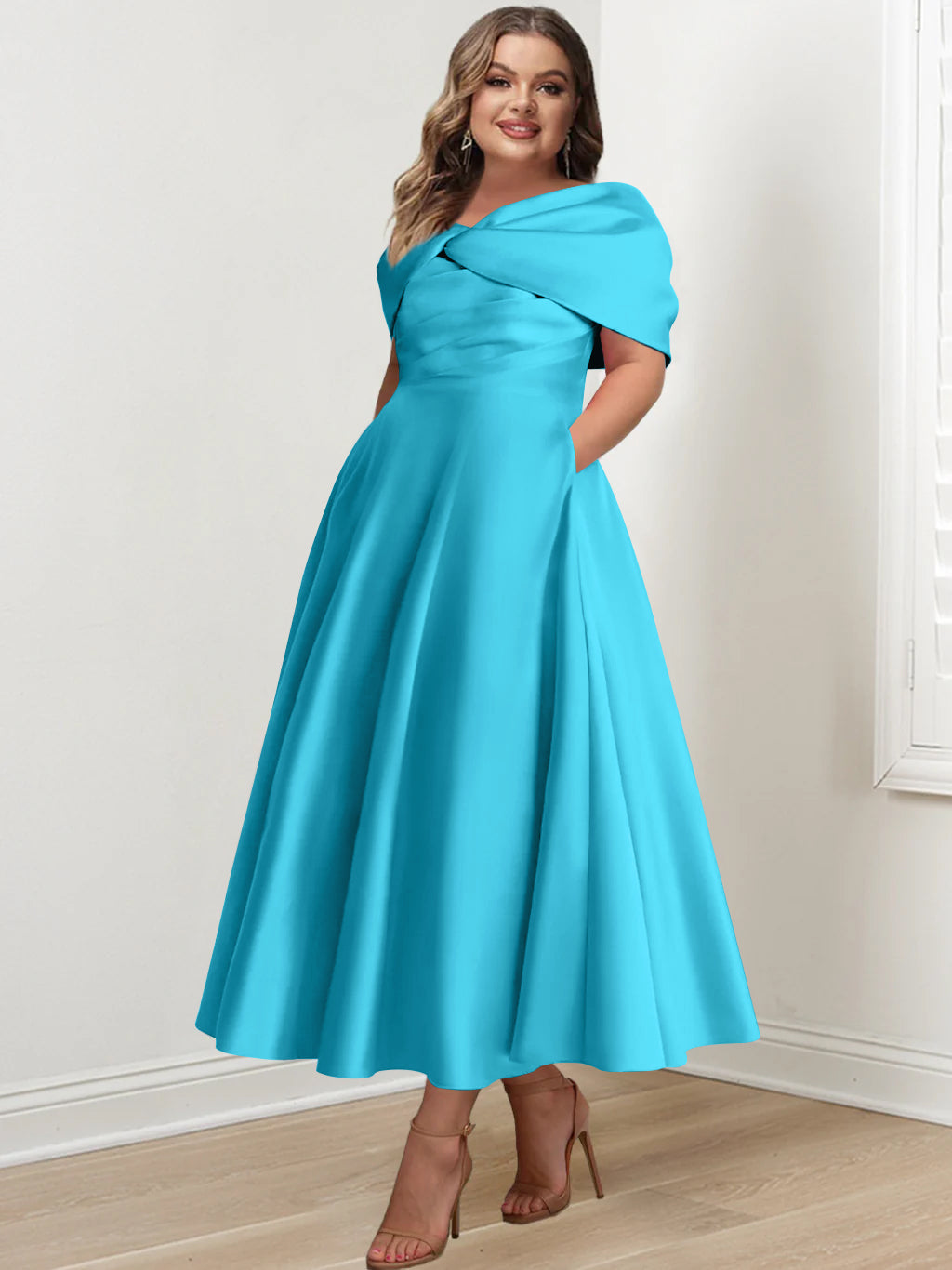 Plus Size Off-The-Shoulder A-Line Princess Ankle-Length Mother Of The Bride Dress With Ruffles & Bowknot-BMbridal.UK