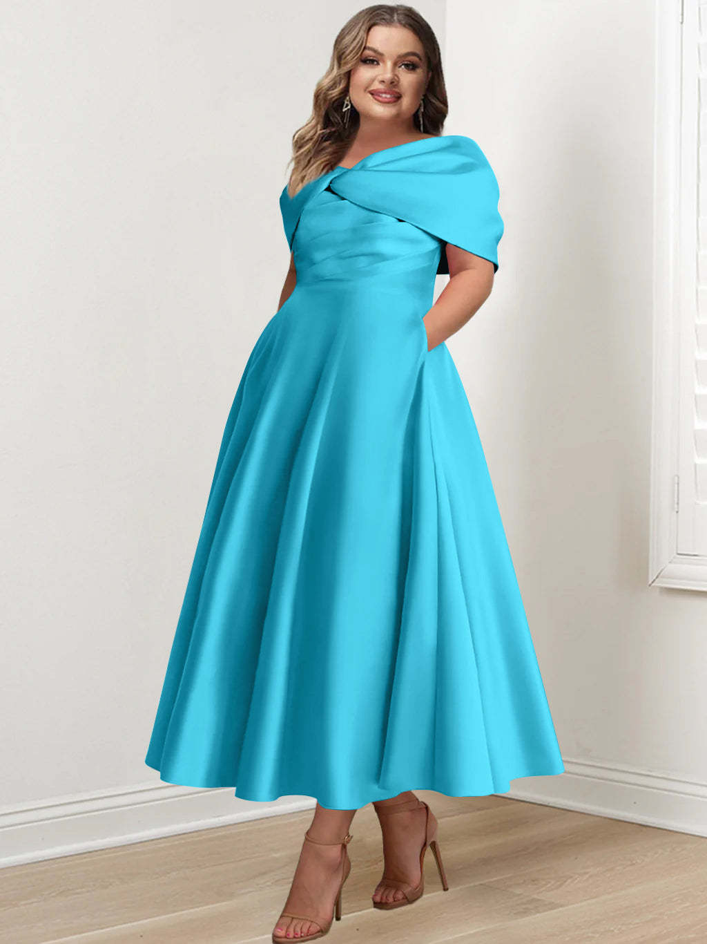 Plus Size Off-The-Shoulder A-Line Princess Ankle-Length Mother Of The Bride Dress With Ruffles & Bowknot-BMbridal.UK
