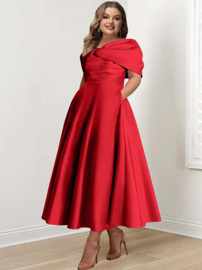 Plus Size Off-The-Shoulder A-Line Princess Ankle-Length Mother Of The Bride Dress With Ruffles & Bowknot-BMbridal.UK