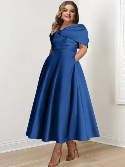 Plus Size Off-The-Shoulder A-Line Princess Ankle-Length Mother Of The Bride Dress With Ruffles & Bowknot-BMbridal.UK