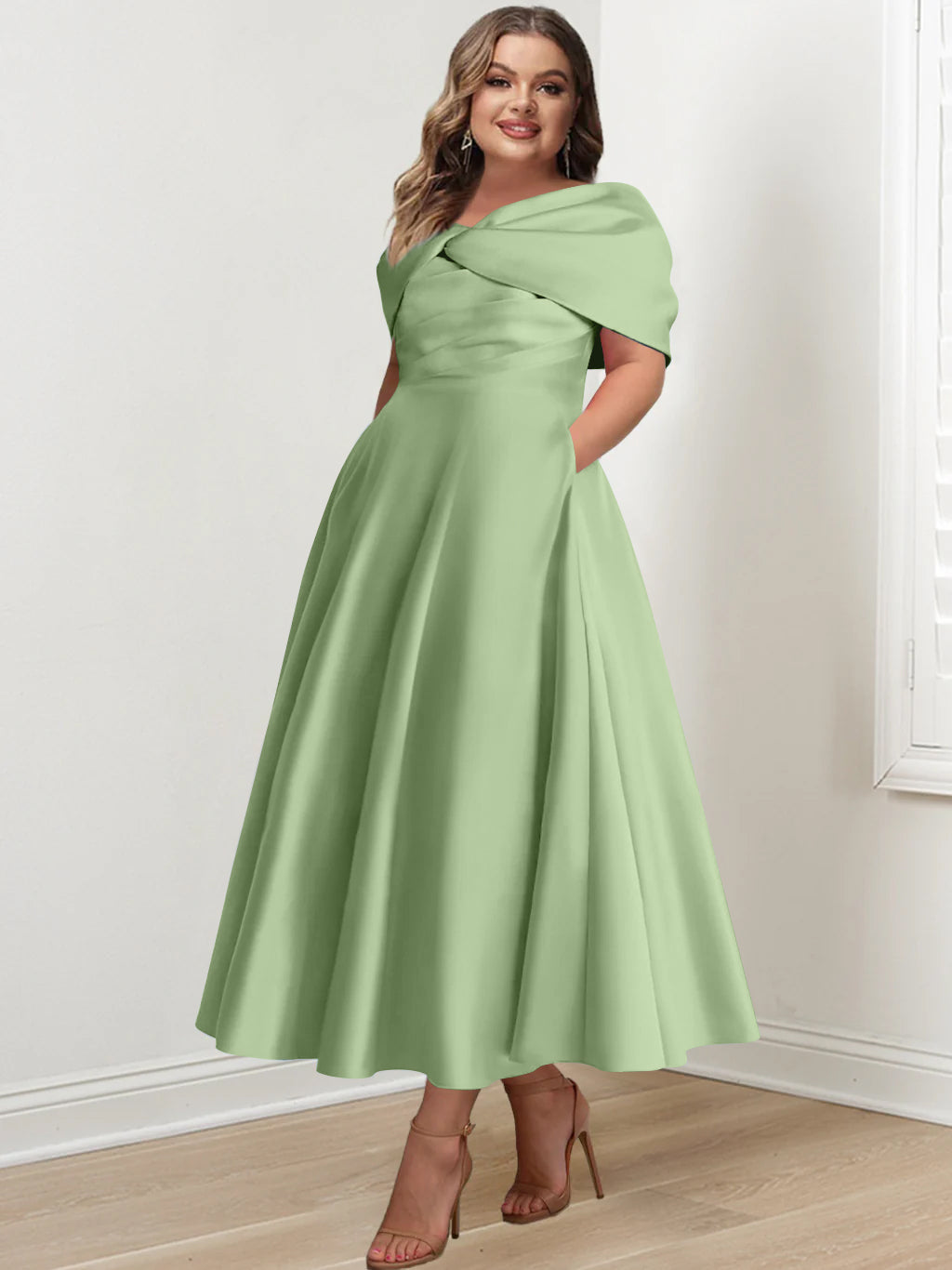 Plus Size Off-The-Shoulder A-Line Princess Ankle-Length Mother Of The Bride Dress With Ruffles & Bowknot-BMbridal.UK