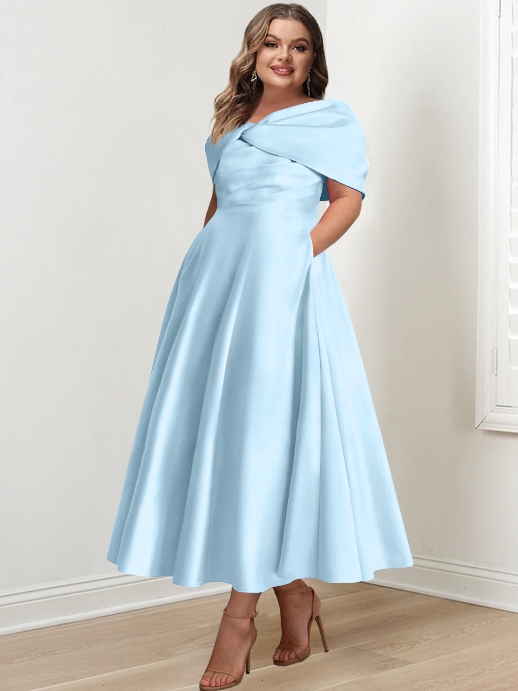 Plus Size Off-The-Shoulder A-Line Princess Ankle-Length Mother Of The Bride Dress With Ruffles & Bowknot-BMbridal.UK
