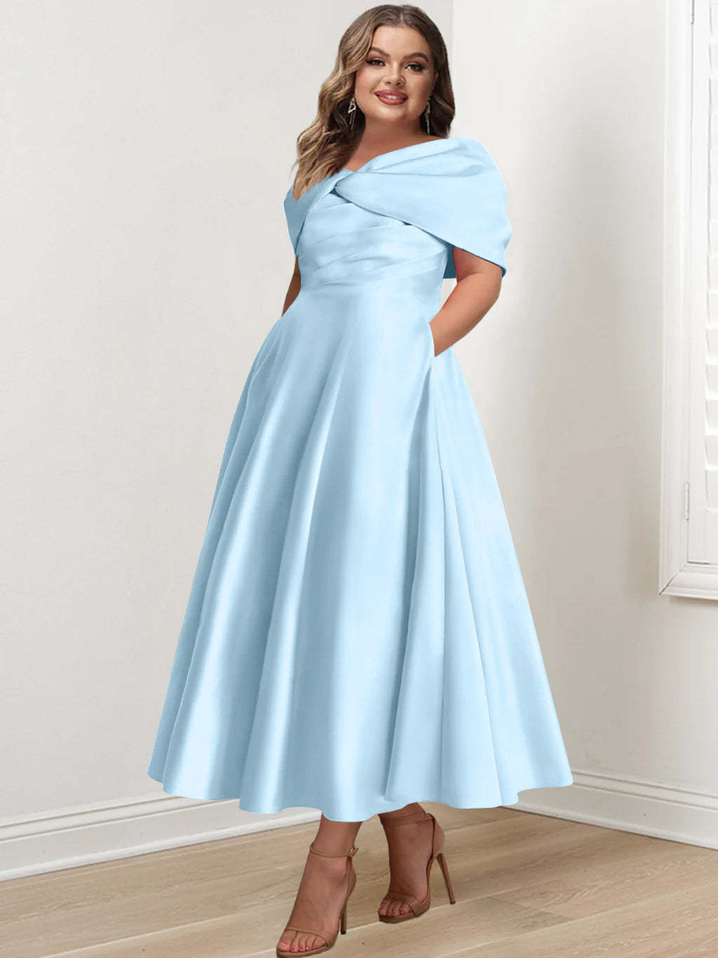 Plus Size Off-The-Shoulder A-Line Princess Ankle-Length Mother Of The Bride Dress With Ruffles & Bowknot-BMbridal.UK