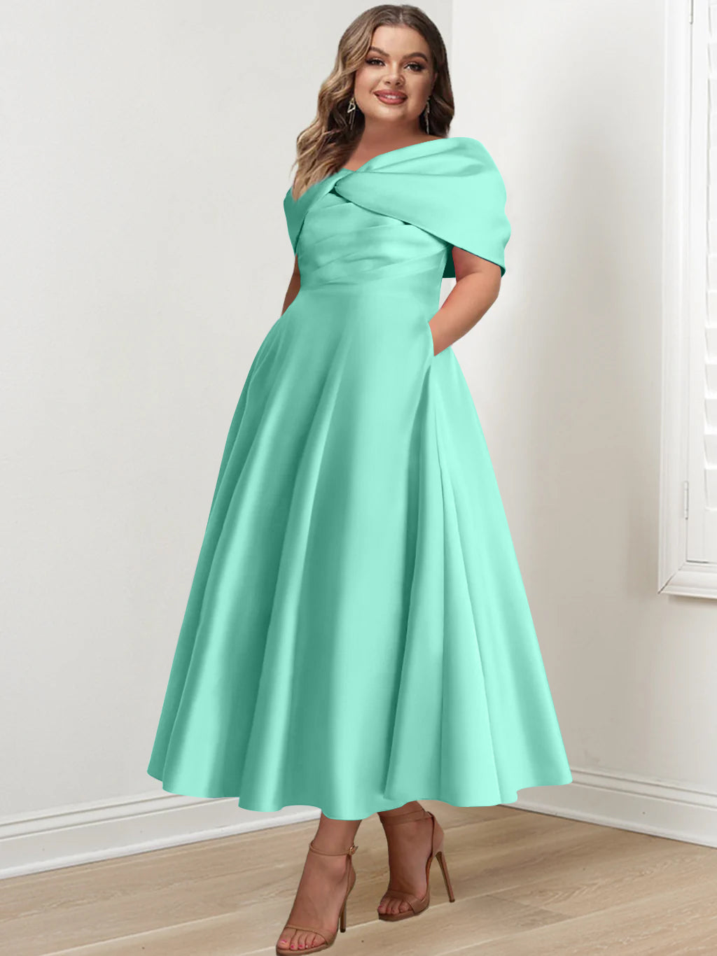 Plus Size Off-The-Shoulder A-Line Princess Ankle-Length Mother Of The Bride Dress With Ruffles & Bowknot-BMbridal.UK
