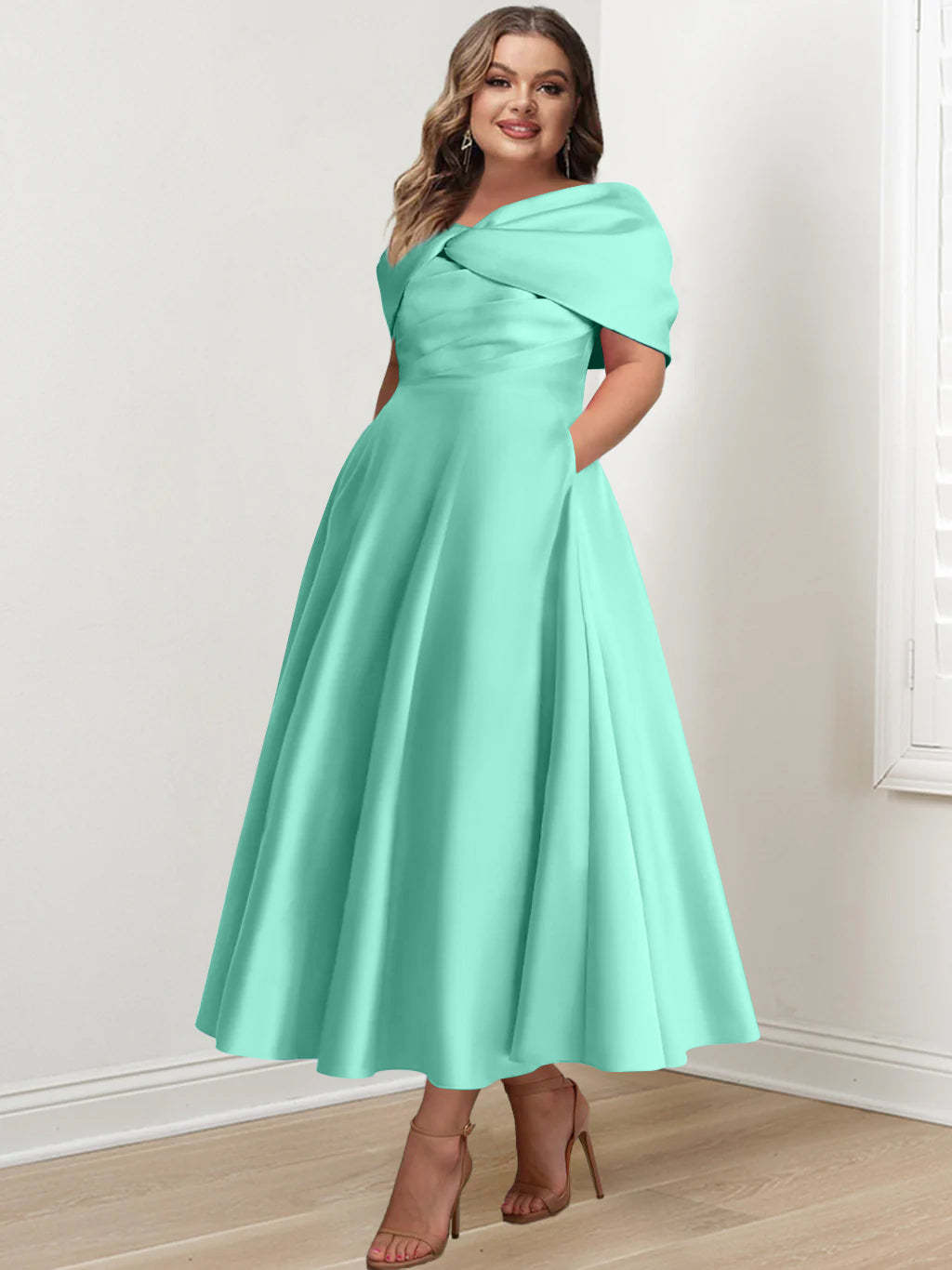 Plus Size Off-The-Shoulder A-Line Princess Ankle-Length Mother Of The Bride Dress With Ruffles & Bowknot-BMbridal.UK