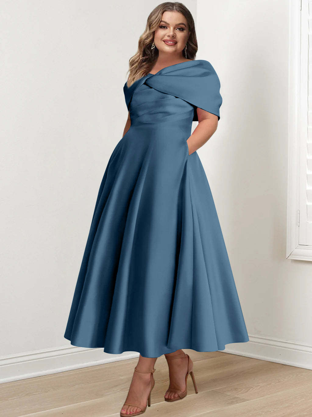 Plus Size Off-The-Shoulder A-Line Princess Ankle-Length Mother Of The Bride Dress With Ruffles & Bowknot-BMbridal.UK