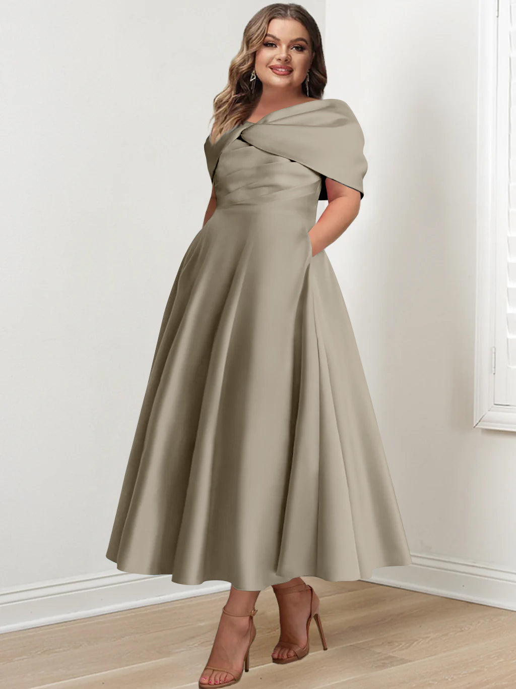 Plus Size Off-The-Shoulder A-Line Princess Ankle-Length Mother Of The Bride Dress With Ruffles & Bowknot-BMbridal.UK