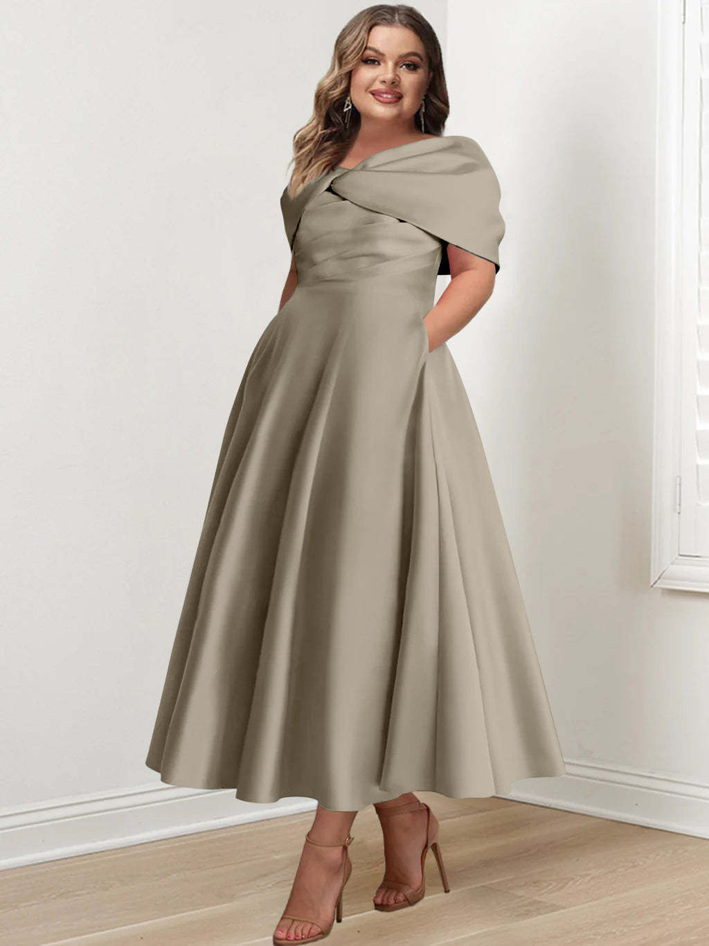 Plus Size Off-The-Shoulder A-Line Princess Ankle-Length Mother Of The Bride Dress With Ruffles & Bowknot-BMbridal.UK