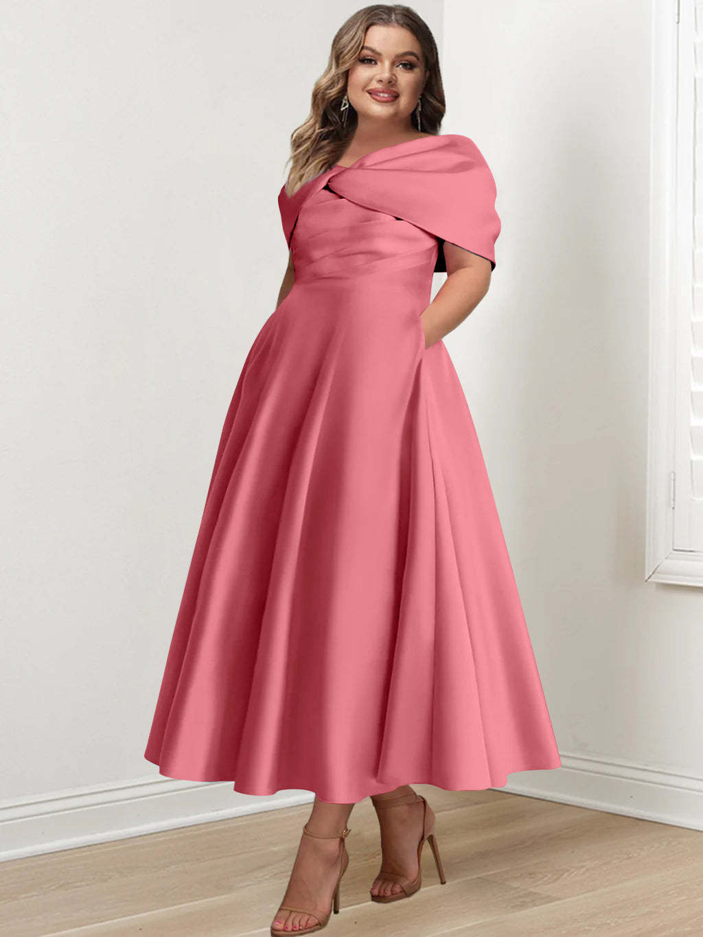 Plus Size Off-The-Shoulder A-Line Princess Ankle-Length Mother Of The Bride Dress With Ruffles & Bowknot-BMbridal.UK