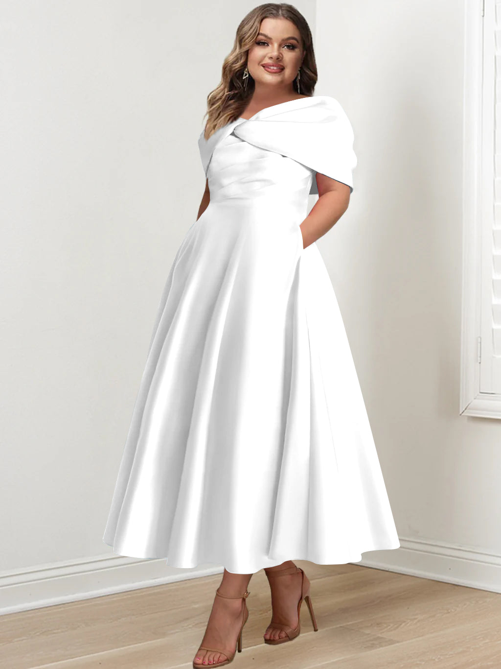 Plus Size Off-The-Shoulder A-Line Princess Ankle-Length Mother Of The Bride Dress With Ruffles & Bowknot-BMbridal.UK