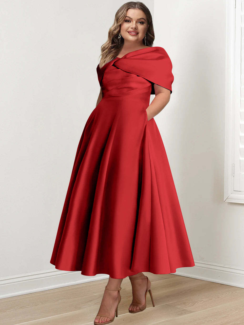 Plus Size Off-The-Shoulder A-Line Princess Ankle-Length Mother Of The Bride Dress With Ruffles & Bowknot-BMbridal.UK