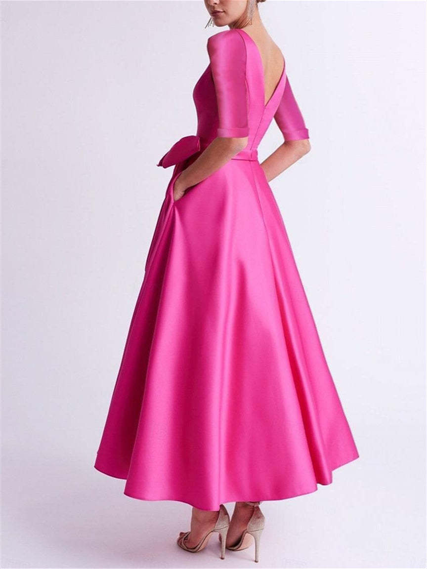 V-Neck A-Line Princess Tea-Length Satin Mother of the Bride Dress with Bow(s) and 3/4 Sleeves