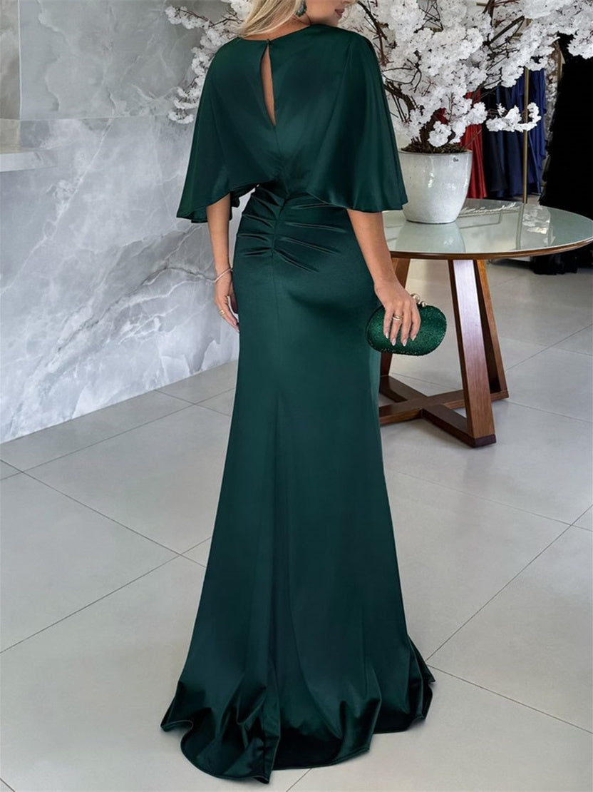 Floor-Length Belted Mother of the Bride Dress with 1/2 Sleeves and Sheath/Column Scoop Neckline