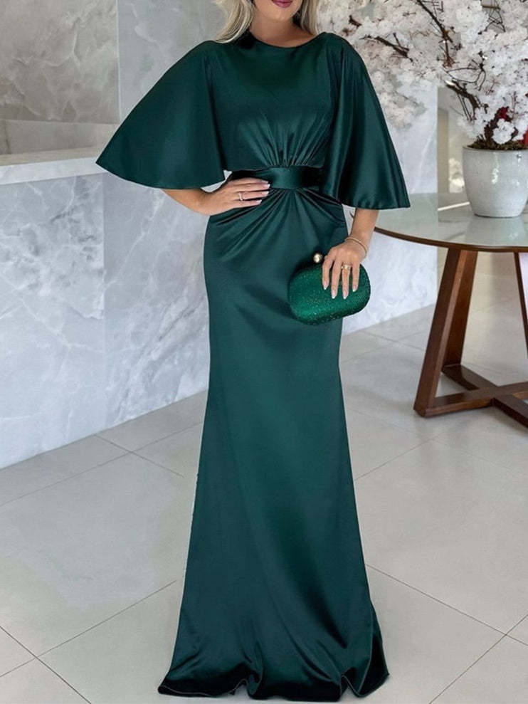 Floor-Length Belted Mother of the Bride Dress with 1/2 Sleeves and Sheath/Column Scoop Neckline