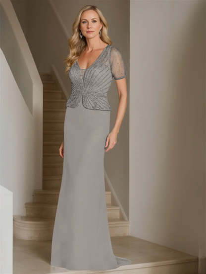 V-Neck Short Sleeve Floor-Length Sheath Mother of the Bride Dress
