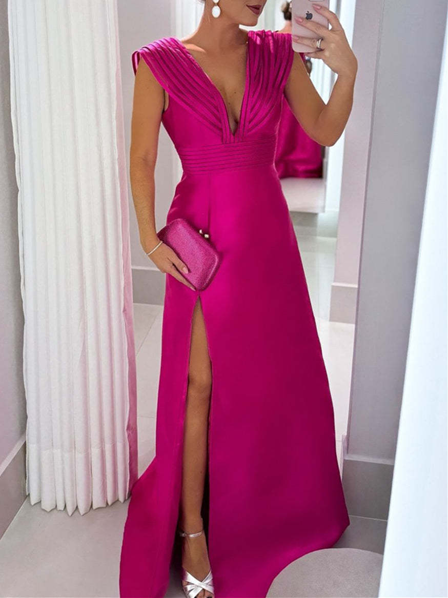 V-Neck Sleeveless Floor-Length A-Line Mother of the Bride Dress with Side Split