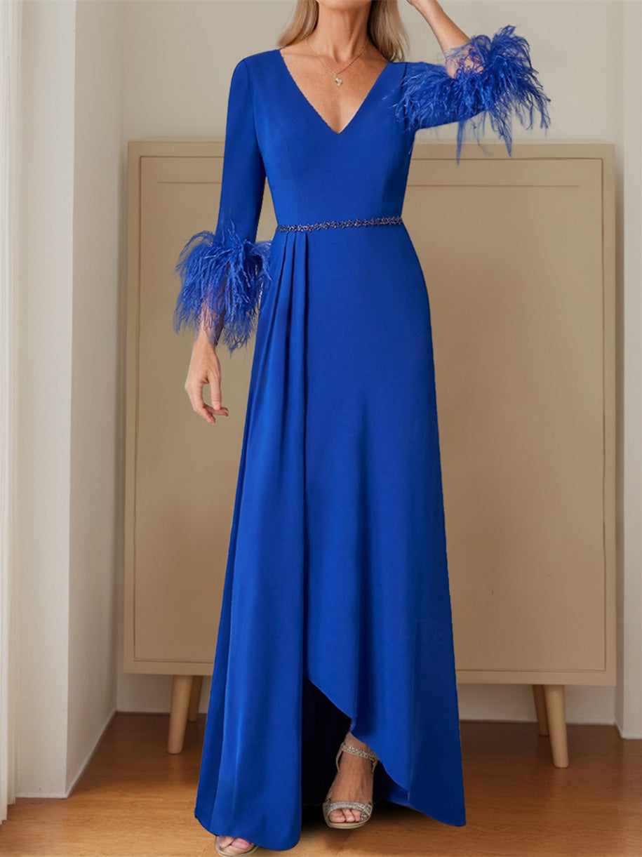 Princess A-Line Floor-Length Mother of the Bride Dress with Plunging Neckline and 3/4 Sleeves