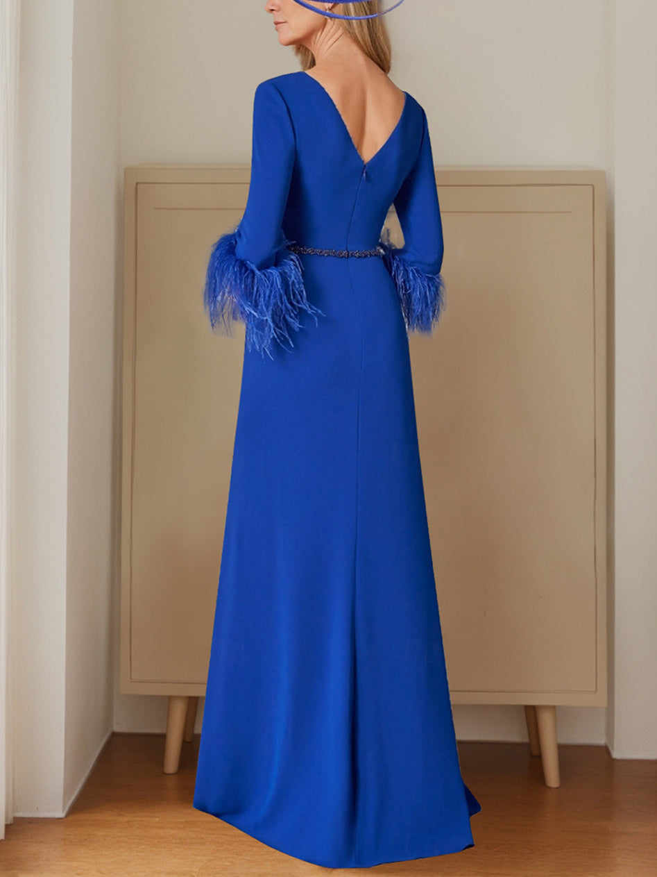 Princess A-Line Floor-Length Mother of the Bride Dress with Plunging Neckline and 3/4 Sleeves