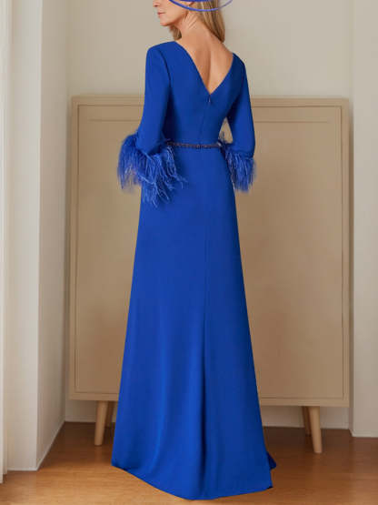 Princess A-Line Floor-Length Mother of the Bride Dress with Plunging Neckline and 3/4 Sleeves
