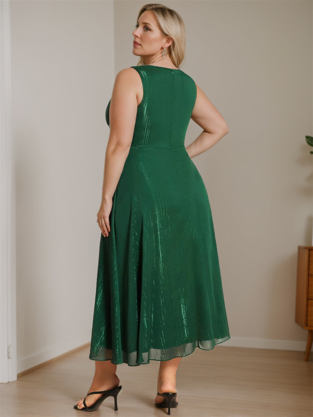 Pure Color Tea-Length Mother of the Bride Dress with V-Neck and A-Line Silhouette