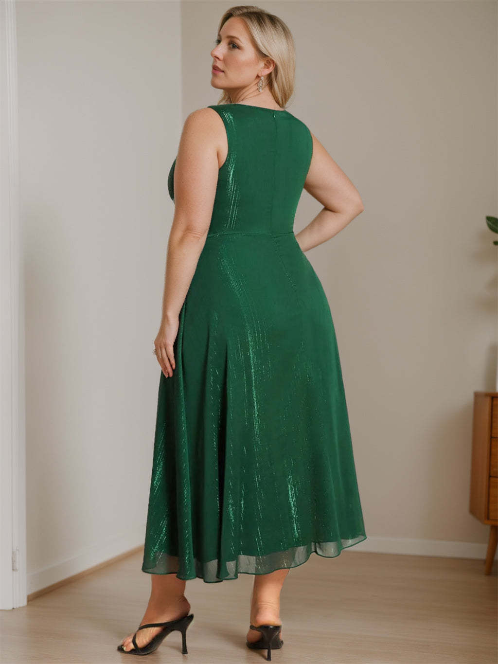 Pure Color Tea-Length Mother of the Bride Dress with V-Neck and A-Line Silhouette