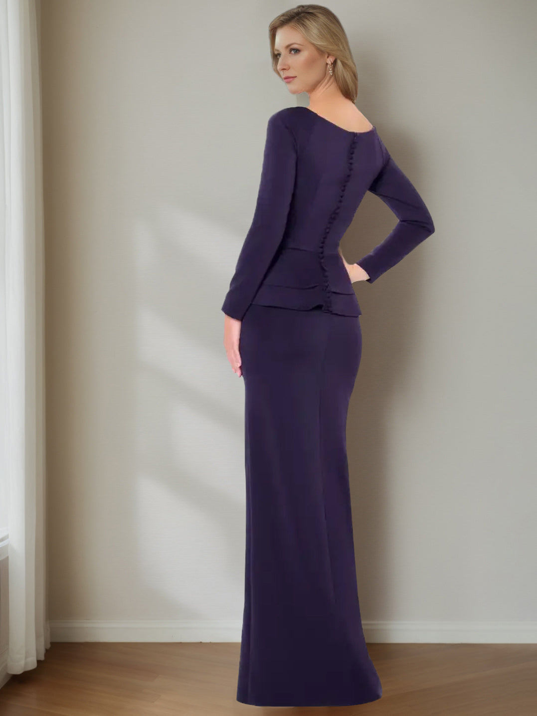 Long-Sleeved Floor-Length Sheath Gown for the Mother of the Bride