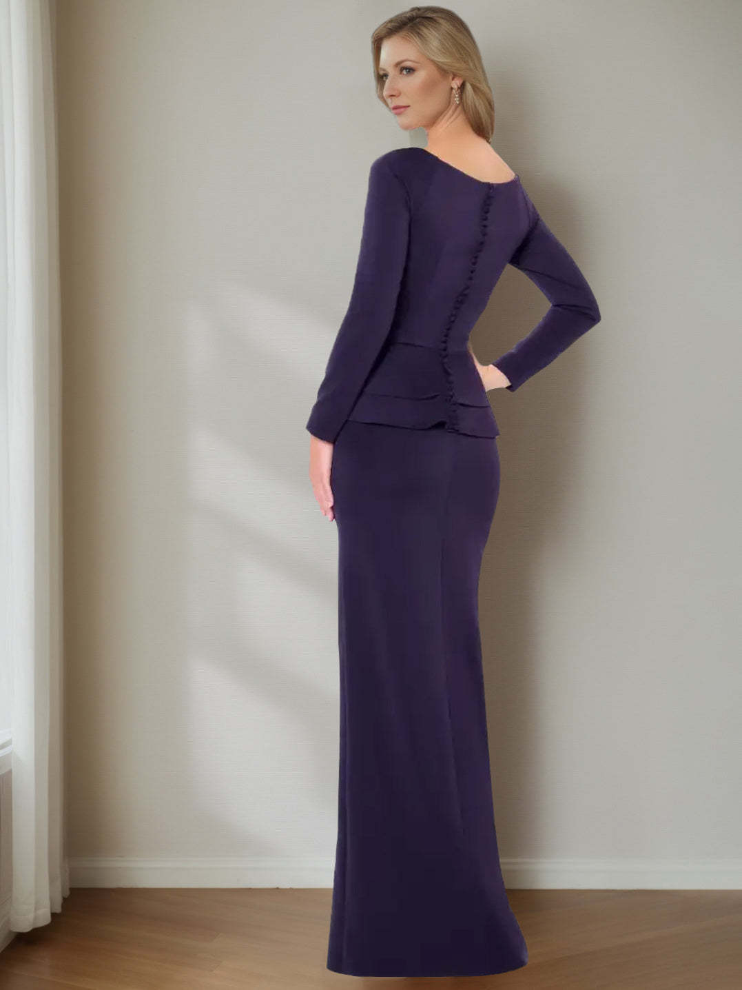 Long-Sleeved Floor-Length Sheath Gown for the Mother of the Bride