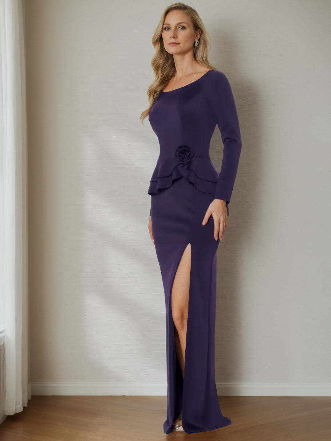 Long-Sleeved Floor-Length Sheath Gown for the Mother of the Bride