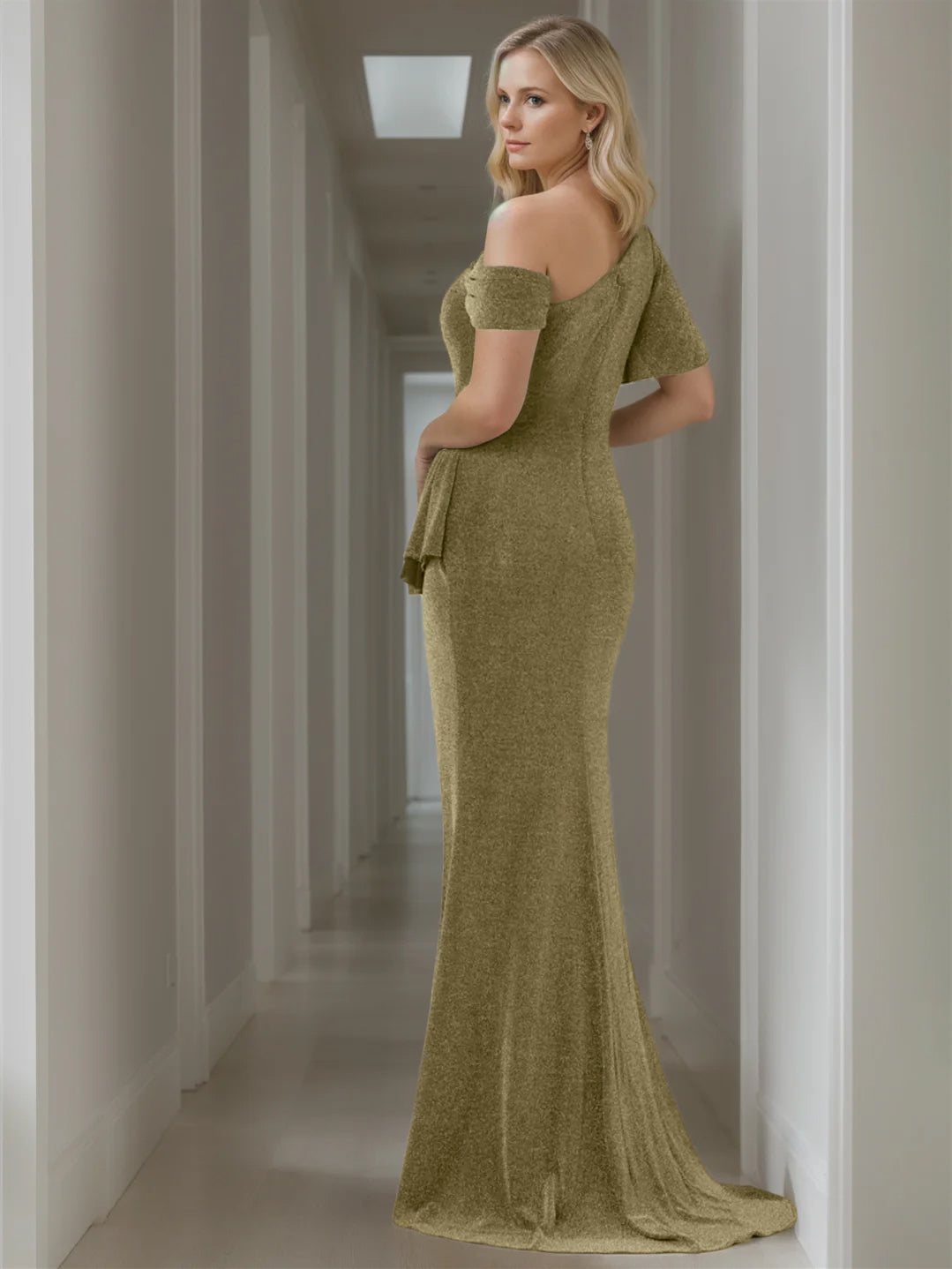 Pure Color Off-the-Shoulder Mermaid/Trumpet Floor-Length Mother of the Bride Dresses With Short Sleeves-BMbridal.UK